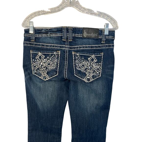 Soundgirl Jeans Womens Size 28" Waist Dark Blue Boot Cut Embroidered Low Rise - Picture 3 of 8